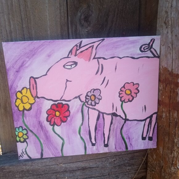 Pig In Flowers Folk Art Painting - Picture 2 of 15